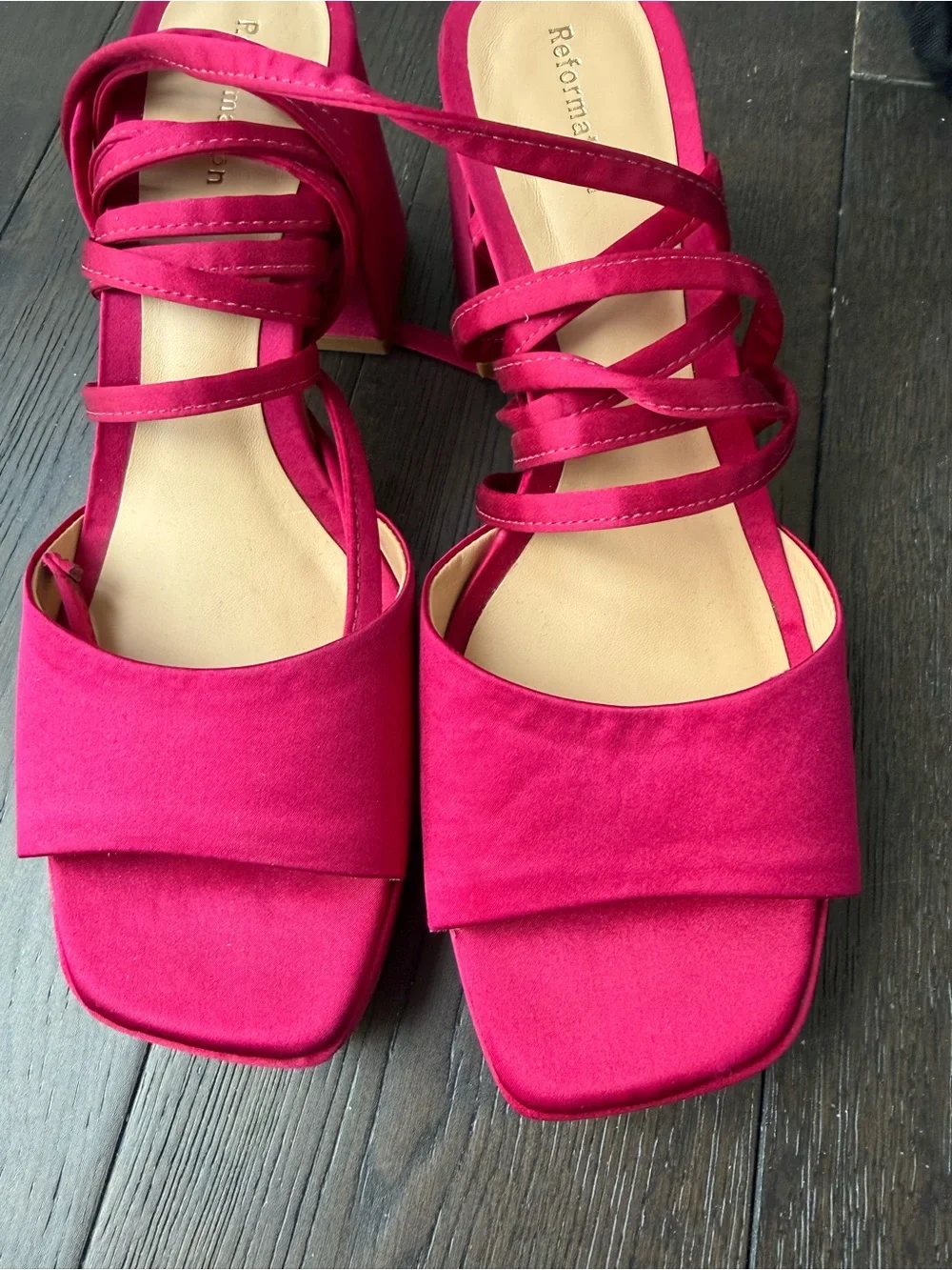 Reformation Pink Lace-Up Block Heel Sandals